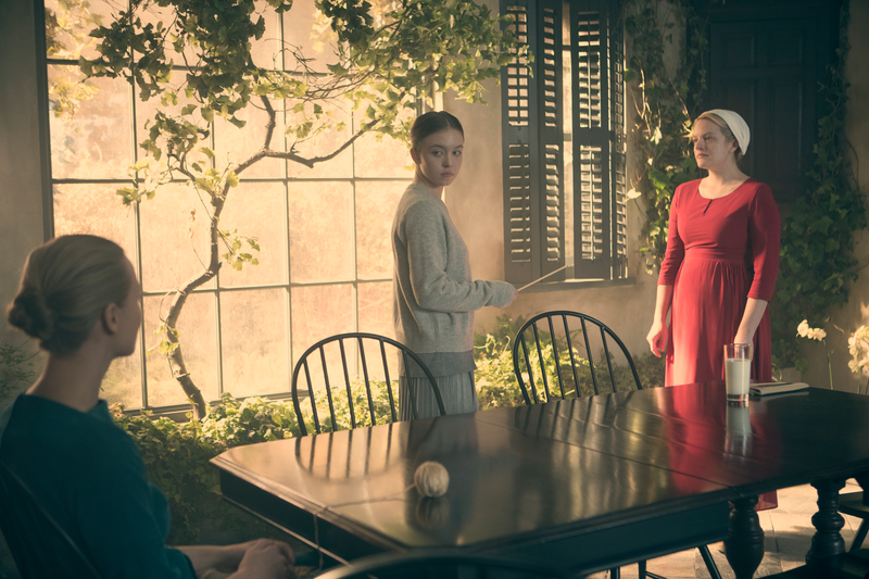 From left to right: Serena (Yvonne Strahovski), Eden (Sydney Sweeney), June (Elisabeth Moss) in a standoff.